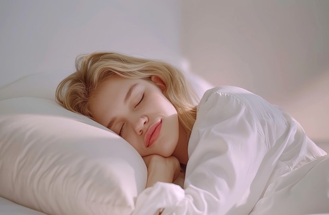 Une jeune femme dort paisiblement grace à la technique d'endormissement musicale slash